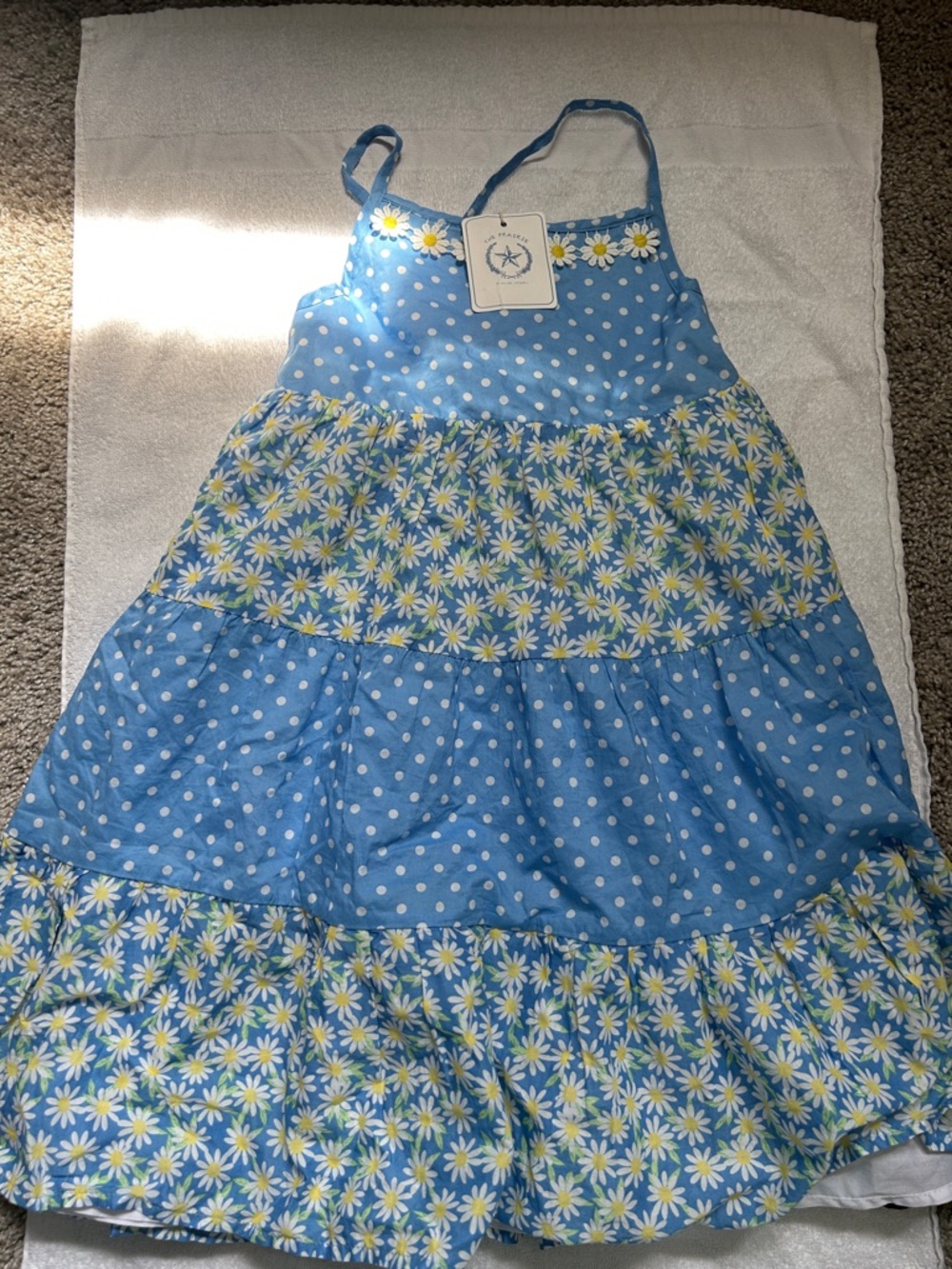 Blue Daisy Tiered Sundress with White Polka Dots